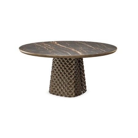 TAVOLO ATRIUM KERAMIK PREMIUM ROUND 160X73,5H BASIS SPIEGELGLAS COUTURE BRONZE - PROFIL GEBÜRSTETES BRONZE