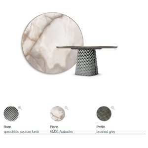TAVOLO ATRIUM KERAMIK PREMIUM ROUND 160X73,5H BASIS SPIEGELGLAS COUTURE RAUCHGRAU - PROFIL GEBÜRSTETES GREY