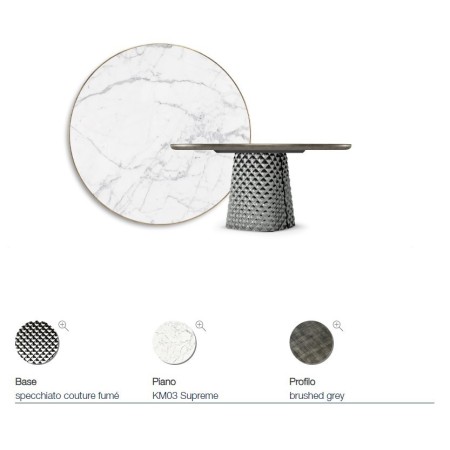 TAVOLO ATRIUM KERAMIK PREMIUM ROUND 160X73,5H BASIS SPIEGELGLAS COUTURE RAUCHGRAU - PROFIL GEBÜRSTETES GREY