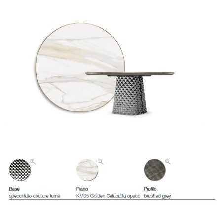TAVOLO ATRIUM KERAMIK PREMIUM ROUND 160X73,5H BASIS SPIEGELGLAS COUTURE RAUCHGRAU - PROFIL GEBÜRSTETES GREY