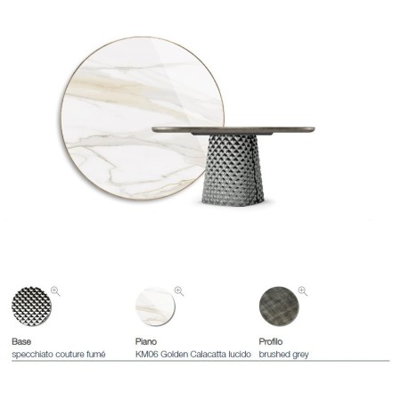 TAVOLO ATRIUM KERAMIK PREMIUM ROUND 160X73,5H BASIS SPIEGELGLAS COUTURE RAUCHGRAU - PROFIL GEBÜRSTETES GREY