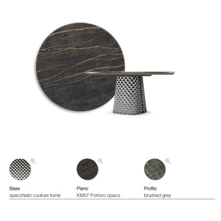 TAVOLO ATRIUM KERAMIK PREMIUM ROUND 160X73,5H BASIS SPIEGELGLAS COUTURE RAUCHGRAU - PROFIL GEBÜRSTETES GREY