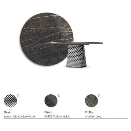 TAVOLO ATRIUM KERAMIK PREMIUM ROUND 160X73,5H BASIS SPIEGELGLAS COUTURE RAUCHGRAU - PROFIL GEBÜRSTETES GREY