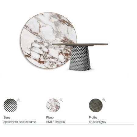 TAVOLO ATRIUM KERAMIK PREMIUM ROUND 160X73,5H BASIS SPIEGELGLAS COUTURE RAUCHGRAU - PROFIL GEBÜRSTETES GREY