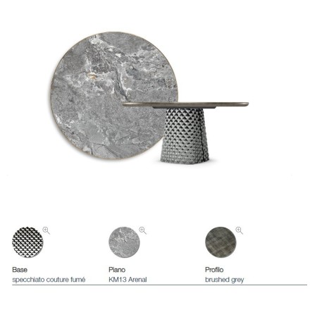 TAVOLO ATRIUM KERAMIK PREMIUM ROUND 160X73,5H BASIS SPIEGELGLAS COUTURE RAUCHGRAU - PROFIL GEBÜRSTETES GREY