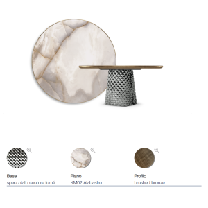 TAVOLO ATRIUM KERAMIK PREMIUM ROUND 160X73,5H BASIS SPIEGELGLAS COUTURE RAUCHGRAU - PROFIL GEBÜRSTETES BRONZE