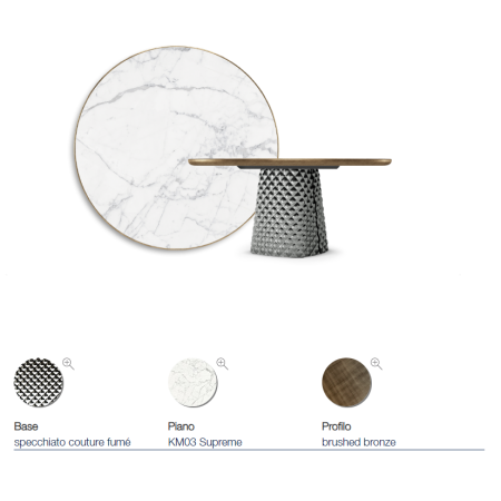 TAVOLO ATRIUM KERAMIK PREMIUM ROUND 160X73,5H BASIS SPIEGELGLAS COUTURE RAUCHGRAU - PROFIL GEBÜRSTETES BRONZE