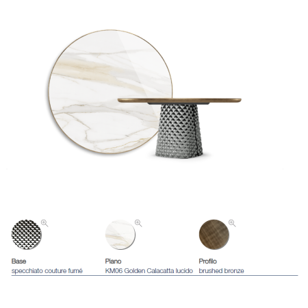 TAVOLO ATRIUM KERAMIK PREMIUM ROUND 160X73,5H BASIS SPIEGELGLAS COUTURE RAUCHGRAU - PROFIL GEBÜRSTETES BRONZE