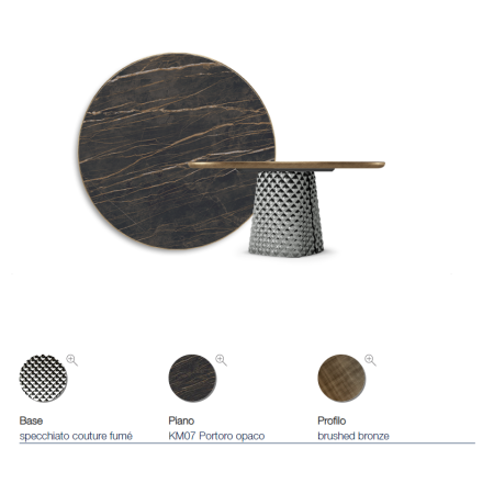 TAVOLO ATRIUM KERAMIK PREMIUM ROUND 160X73,5H BASIS SPIEGELGLAS COUTURE RAUCHGRAU - PROFIL GEBÜRSTETES BRONZE