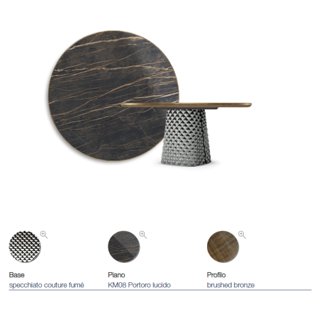 TAVOLO ATRIUM KERAMIK PREMIUM ROUND 160X73,5H BASIS SPIEGELGLAS COUTURE RAUCHGRAU - PROFIL GEBÜRSTETES BRONZE