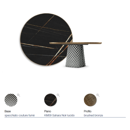 TAVOLO ATRIUM KERAMIK PREMIUM ROUND 160X73,5H BASIS SPIEGELGLAS COUTURE RAUCHGRAU - PROFIL GEBÜRSTETES BRONZE