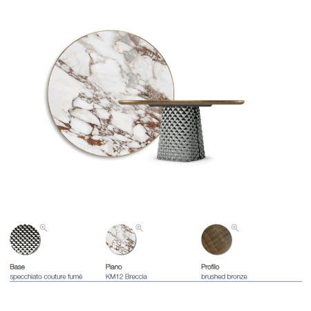 TAVOLO ATRIUM KERAMIK PREMIUM ROUND 160X73,5H BASIS SPIEGELGLAS COUTURE RAUCHGRAU - PROFIL GEBÜRSTETES BRONZE