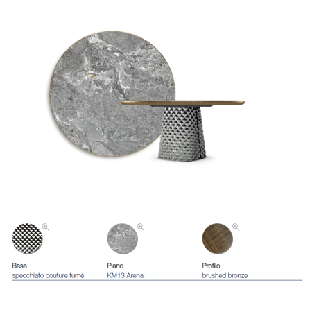 TAVOLO ATRIUM KERAMIK PREMIUM ROUND 160X73,5H BASIS SPIEGELGLAS COUTURE RAUCHGRAU - PROFIL GEBÜRSTETES BRONZE