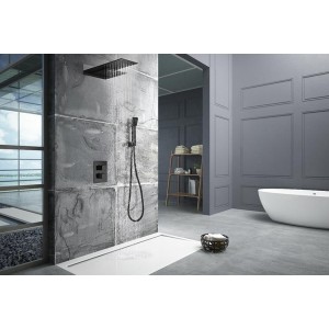 RODAS SCHWARZ MATT THERMOSTATISCHES UNTERPUTZ-DUSCHSET MIT SOFFIONE UND WASSERFALL + HANDBRAUSE