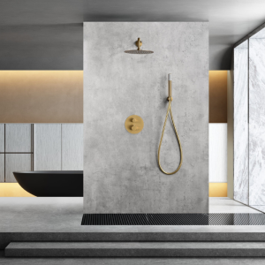 MONZA EINGEBAUTES DUSCHSET MIT THERMOSTATISCHER UMSCHALTUNG MIT SOFFIONE UND HANDBRAUSE IN GEBÜRSTETEM GOLD