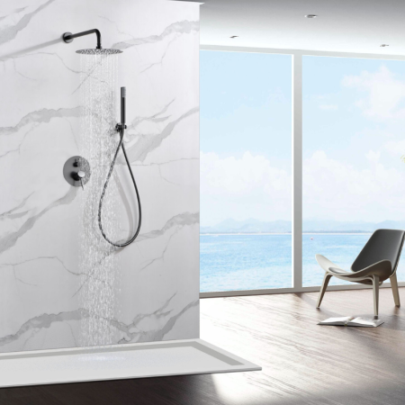 MONZA EINBAU-DUSCHSET MIT THERMOSTATISCHER UMSCHALTUNG MIT SOFFIONE UND HANDBRAUSE BLACK GUN METAL