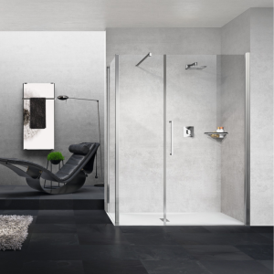 YOUNG G+F+F ECKE 1 DREHTÜR MIT FESTEM LINEA + 1 FESTE SEITE GLÄNZENDES CHROM-PROFIL KLARES GLAS