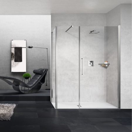 YOUNG G+F+F ECKE 1 DREHTÜR MIT FESTEM LINEA + 1 FESTE SEITE GLÄNZENDES CHROM-PROFIL KLARES GLAS