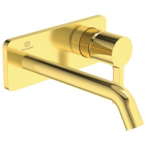 JOY WASCHBECKEN EINHEBELMISCHER ZUR WANDMONTAGE MIT RECHTECKIGER PLATTE UND 180MM AUSLAUF IN GEBÜRSTETEM GOLD
