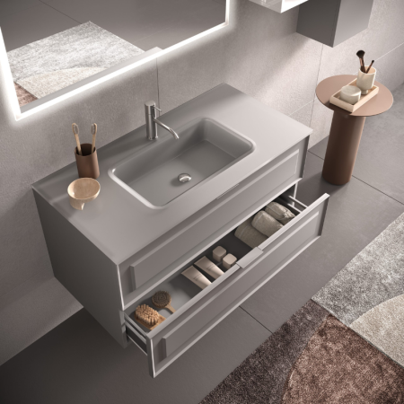 FRAME ZUSAMMENSETZUNG MOBIL MIT WASCHBECKEN AUS SATINIERTEM GLAS