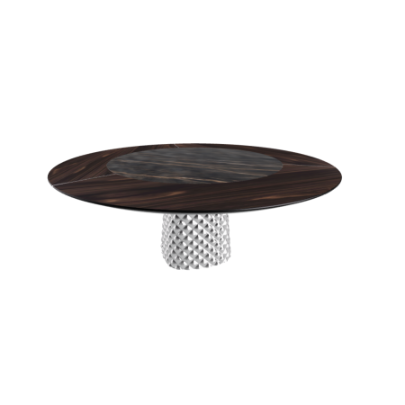 TISCH ATRIUM KER-WOOD RUNDER SOCKEL RAUCHIGE OBERFLÄCHE VERBRANNTES EICHENHOLZ PIANO KERAMIK PORTORO MATT Ø180x74,5H