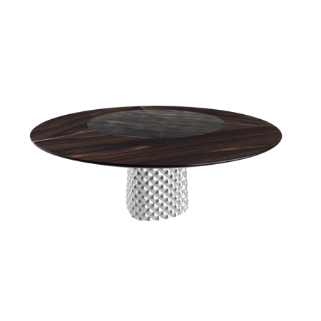 TISCH ATRIUM KER-WOOD RUNDER SOCKEL RAUCHIGE OBERFLÄCHE VERBRANNTES EICHENHOLZ PIANO KERAMIK PORTORO MATT Ø160x74,5H