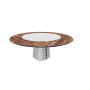 TISCH ATRIUM KER-WOOD RUNDER SOCKEL RAUCHGLAS OBEN NUSSBAUM CANALETTO PIANO KERAMIK CALACATTA MATT Ø180x74,5H
