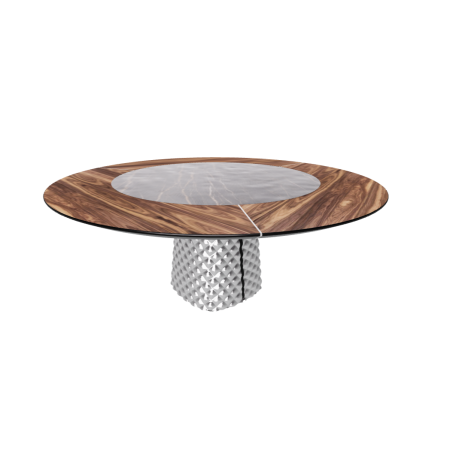TISCH ATRIUM KER-WOOD RUNDER SOCKEL RAUCHGLAS OBEN NUSSBAUM CANALETTO PIANO KERAMIK PORTORO MATT Ø180x74,5H