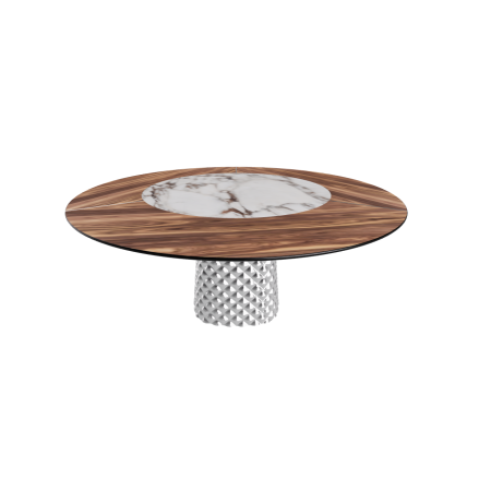 TISCH ATRIUM KER-WOOD RUNDER SOCKEL RAUCHGLAS OBEN NUSSBAUM CANALETTO PIANO KERAMIK BRECCIA Ø160x74,5H