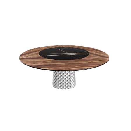 TISCH ATRIUM KER-WOOD RUNDER SOCKEL RAUCHIGE OBERSEITE NUSSBAUM CANALETTO PIANO KERAMIK SAHARA NOIR GLÄNZEND Ø160x74,5H