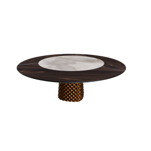 TISCH ATRIUM KER-WOOD RUNDER SOCKEL BRONZE TISCHPLATTE VERBRANNTES EICHENHOLZ PIANO KERAMIK ALABASTER Ø180x74,5H