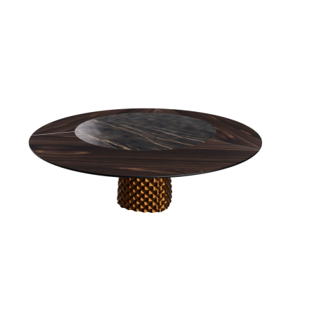 TISCH ATRIUM KER-WOOD RUNDER SOCKEL BRONZE TOP VERBRANNTES EICHE PIANO KERAMIK PORTORO MATT Ø180x74,5H