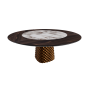 TISCH ATRIUM KER-WOOD RUNDER SOCKEL BRONZE OBERFLÄCHE VERBRANNTES EICHENHOLZ PIANO KERAMIK BRECCIA Ø180x74,5H