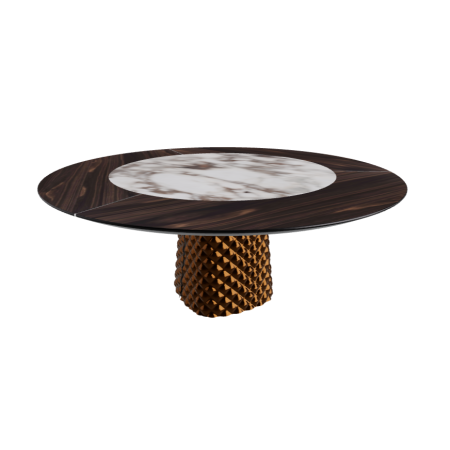TISCH ATRIUM KER-WOOD RUNDER SOCKEL BRONZE OBERFLÄCHE VERBRANNTES EICHENHOLZ PIANO KERAMIK BRECCIA Ø180x74,5H