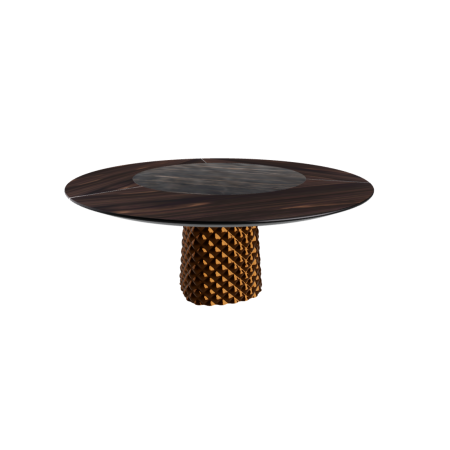 TISCH ATRIUM KER-WOOD RUNDER SOCKEL BRONZE OBERFLÄCHE VERBRANNTES EICHE PIANO KERAMIK PORTORO MATT Ø160x74,5H