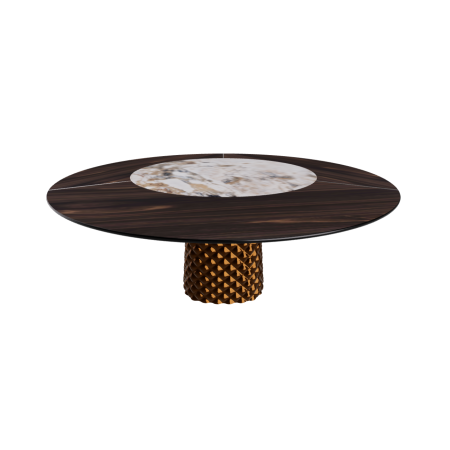 TISCH ATRIUM KER-WOOD RUNDER SOCKEL BRONZE OBERFLÄCHE VERBRANNTES EICHENHOLZ PIANO KERAMIK MAKALU Ø160x74,5H