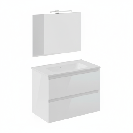 B-BEST ZUSAMMENSETZUNG IN HOCHGLANZ WEISS L. 80 CM T. 45,5 CM H. 58,5 CM - MIT SPIEGEL UND SPOTLIGHT KOMPLETT