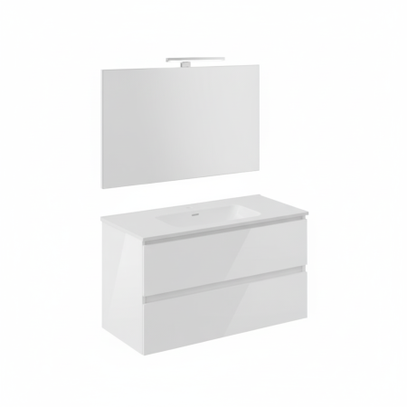 B-BEST ZUSAMMENSETZUNG IN HOCHGLANZ WEISS L. 100 CM T. 45,5 CM H. 58,5 CM - MIT SPIEGEL UND SPOT KOMPLETT