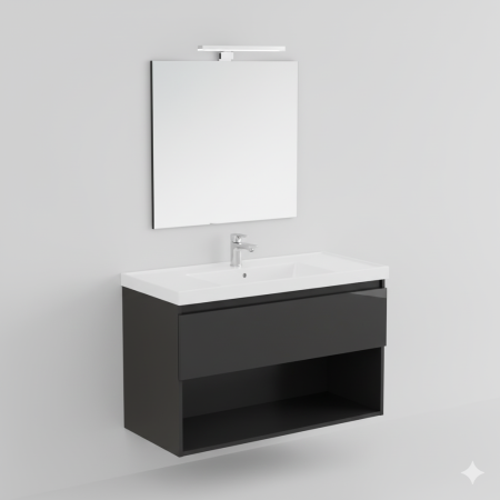 B-BEST ZUSAMMENSETZUNG IN SCHWARZ GLÄNZENDER AUSFÜHRUNG - B. 100 CM T. 45,5 CM H. 58,5 CM - 1 SCHUBLADE - MIT SPIEGEL UND SPOTLI